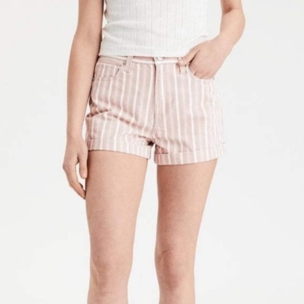 American Eagle Pink Striped Denim Mom Shorts High Rise Relaxed Boho Beach 6